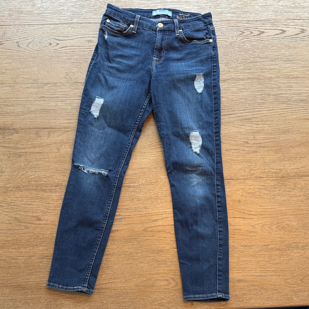 7 For All Mankind Dark Blue Distressed Skinny Jeans